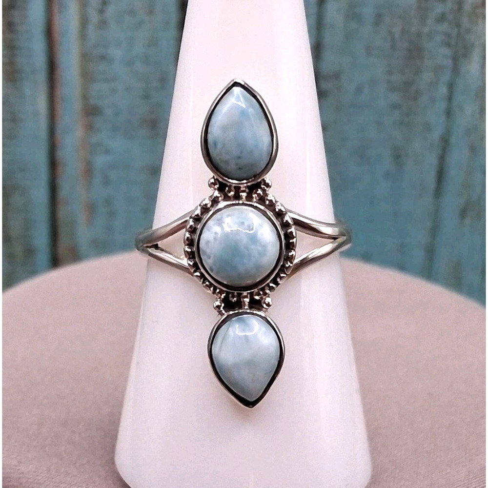 Sterling Silver Larimar Ring size 8.25 Cluster 3 Stone Southwestern Style
